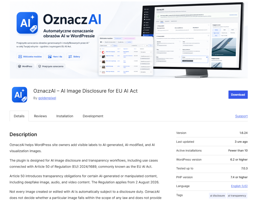 OznaczAi wordpress Nowe zasady oznaczania treści AI od 2 sierpnia 2026 r. - Pobierz darmową wtyczkę